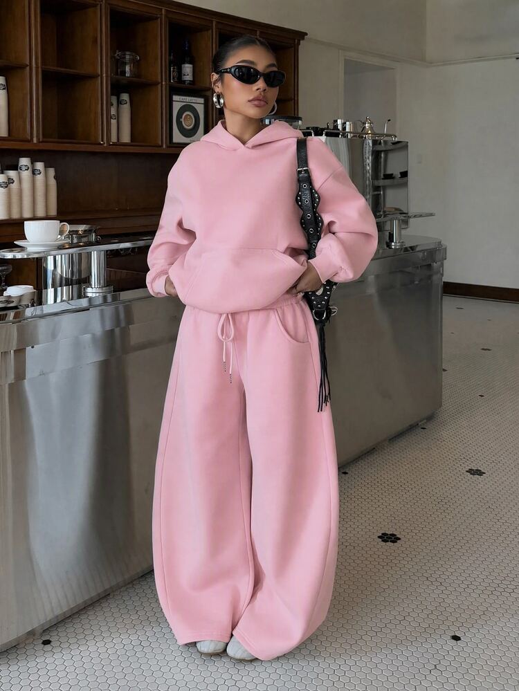 Muchica Women's Autumn/Winter Thermal Lined Hooded Sweatshirt & Curved Leg Pants Loose Fit Set - Pink - View 4