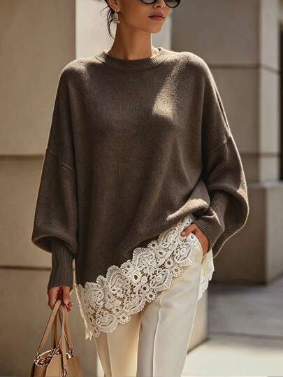 RosyDaze Women's Round Neck Dropped Shoulder Long Sleeve Contrast Lace Hem Elegant Casual Sweater Brunch Coffee Brown Fall