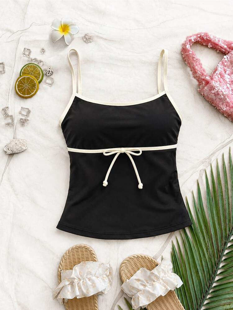Elavelle Women's Spring/Summer Solid Color Spaghetti Strap Bowknot Bikini Top - Black - View 4