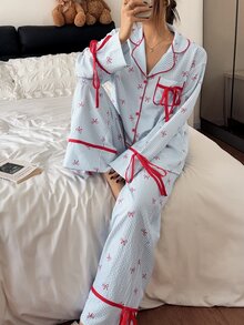 SHEIN Sweet Striped Pajamas Women Autumn New Long Sleeve Loose Fit Homewear 2 Pieces Set - Blue - View 4