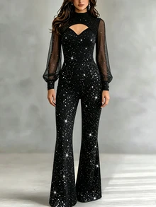 LUMIGAL Women's Autumn Cutout Design Shiny Long Sleeve Elegant Flared Jumpsuit - Black - View 3