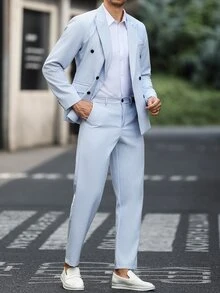 Manfinity Mode 男士休閒商務西裝套裝，格子布料製成，適合日常通勤、輕鬆工作環境或半正式場合，也是送給男友和丈夫的理想禮物 - 藍色 - 查看 4