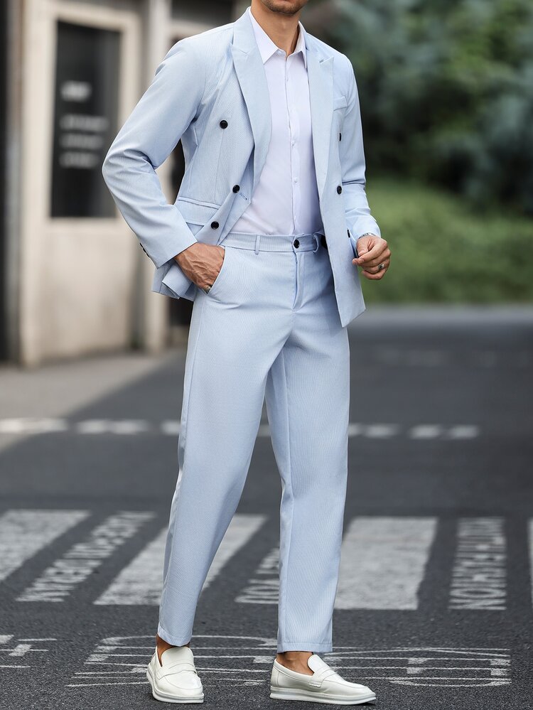 Manfinity Mode Men's Casual Business Suit Set, Made Of Plaid Fabric, Suitable For Daily Commuting, Relaxed Work Environment Or Semi-Formal Occasions, Also An Ideal Gift For Boyfriend And Husband - Blue - View 4