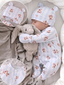 Newborn Soft Comfortable Warm Gray-Blue Vertical Stripe Bear Pattern Printed Fabric Front Button Long Sleeve Footed Romper Hat & Mittens 3-Piece Set - Blue - View 7