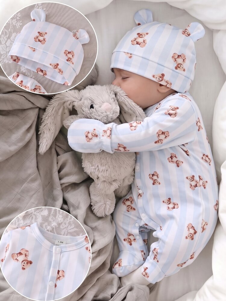 Conjunto de 3 piezas para recién nacido con mameluco de manga larga con pies, botones delanteros, estampado de oso con rayas verticales en gris-azul, suave, cómodo y cálido, incluye gorro y manoplas - Azul - Añade 7