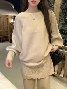 DAZY Women's Round Neck Long Sleeve Korean Style Elegant Sweater 2 Pieces Set - Khaki - View 8