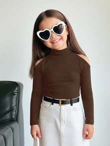 Firerie Kids Firerie Kids 少女純色立領鏤空肩休閒T恤，聖誕節，青少年女孩修身復古羊腿袖假領T恤，運動風，適合休閒、日常穿著、秋冬校園日常，酷街頭風，日常穿著，校園日常，Y2K女孩，休閒可愛，姐妹裝，母女裝 - 棕色 - 查看 6