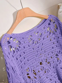 CosyJoli Plus Size Solid Color Hollow Knit Sweater Fall - Purple - View 4