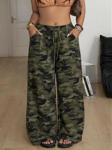 Coolane Plus Size Women's Drawstring Waist Camouflage Casual Daily Travel Long Pants - Multicolor - View 4