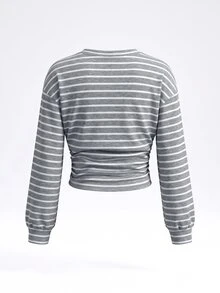SHEIN Tween Girl Autumn/Winter Grey Striped Sweatshirt, Casual Versatile Sporty Streetwear For Daily Wear - Grey - View 3
