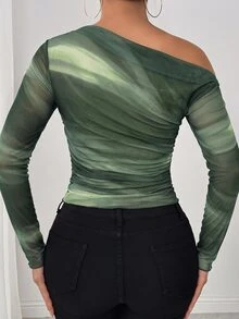 SHEIN LUNE 25-30+ 女款休閒秋季網紗紮染印花不對稱肩抽褶長袖優雅T恤 - 軍綠色 - 查看 2