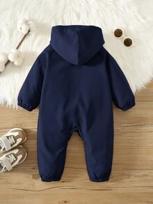 SHEIN 男嬰秋冬休閒可愛保暖內裡加厚連帽連身衣 - 藏蓝色 - 查看 2