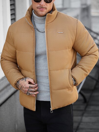 Manfinity CasualCool Men's Textured Fabric Quilted Padded Coat, Zipper Stand Collar Padded Coat, Metal Plaque Detail, Autumn/Winter Casual Everyday Brown Outerwear