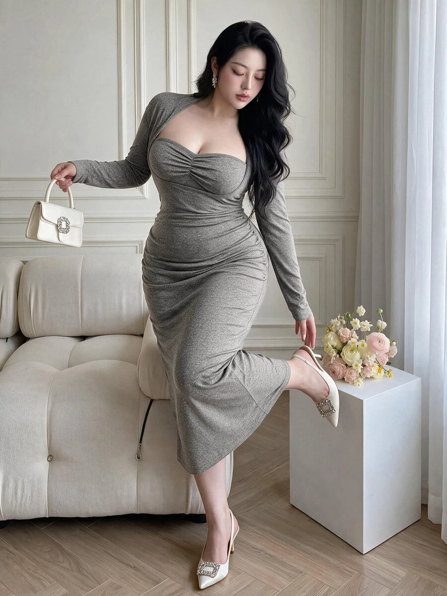 Vibekara Đầm ôm dáng dài cổ vuông nhún eo size lớn - Màu xám đen - Xem 1