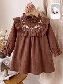 Baby Girl Floral Embroidered Pattern Pleated Casual Daily Summer Dress - Brown - View 7