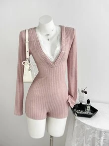 Elamini Spring/Autumn Sweet Cute Sexy Pink Textured Lace Patchwork Deep V-Neck Fitted Jumpsuit - Pink - View 1