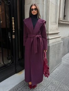 Aloruh Mantel Wanita Elegan untuk Perjalanan Kerja, Warna Polos, Minimalis, Gaya Klasik, Jaket Panjang Sedang Berkerudung Warna Burgundy, Musim Gugur/Dingin - Burgundy - View 6