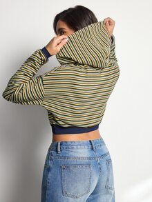SHEIN Sports 女款條紋落肩長袖短版運動衫 - 黃色 - 查看 2