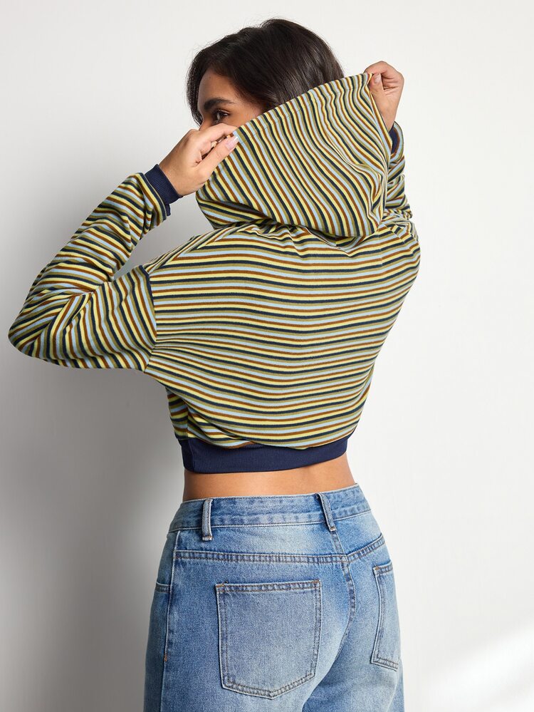 SHEIN Sports Women's Striped Drop Shoulder Long Sleeve Cropped Sweatshirt - Yellow - View 2