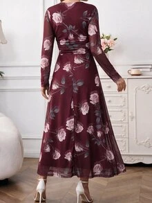 Amorya 女款花卉印花方領長袖優雅洋裝 - 酒紅色 - 查看 4