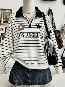 Collagica Collagica Vintage Equestrian Graphic Striped Half-Zip Collared Sweatshirt Casual Pullover - Grey - View 1