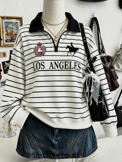 Collagica Collagica Vintage Equestrian Graphic Striped Half-Zip Collared Sweatshirt Casual Pullover