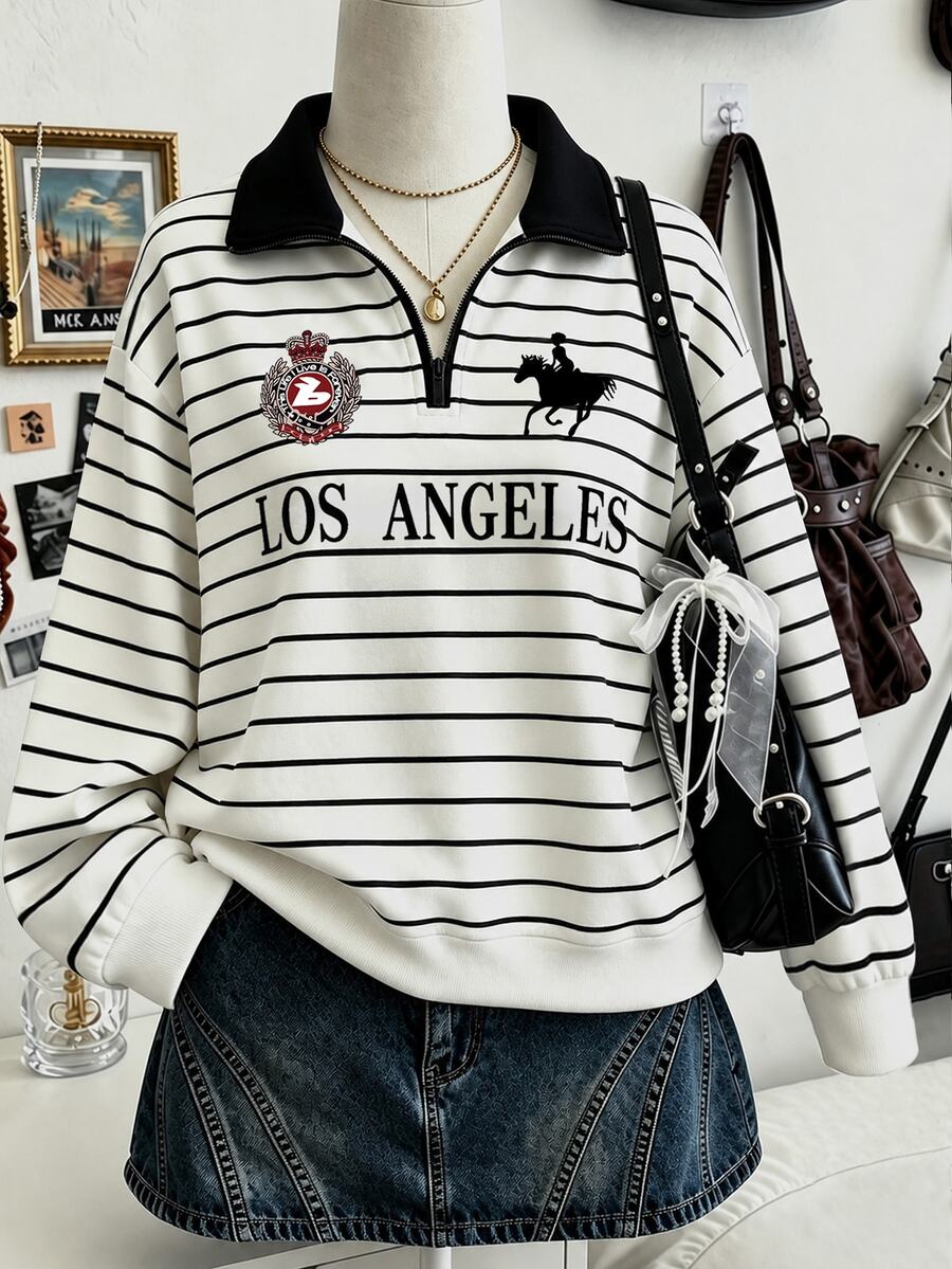 Collagica Collagica Vintage Equestrian Graphic Striped Half-Zip Collared Sweatshirt Casual Pullover - Grey - View 1