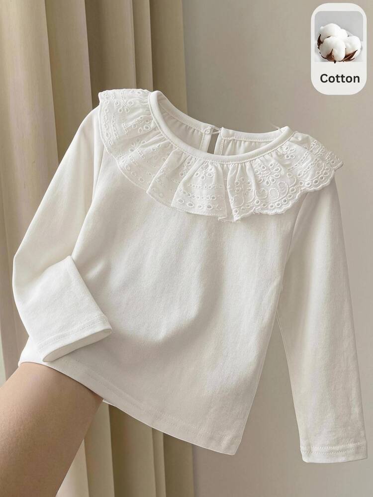 SHEIN Baby Girl Decorative Ruffle Collar Round Neck Long Sleeve Pullover Top Solid Color Versatile Comfortable - White - View 1