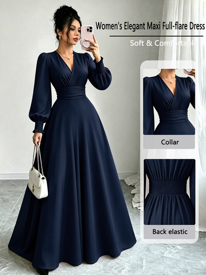 Elenzga Vintage Burgundy Cross V-Neck Ruched Waist Long Dress, Soft Elegant Puff Long Sleeves With Elastic Cuffs, Flowing Full Skirt, Slimming Elegant Commute & Party Women's Long Dress
