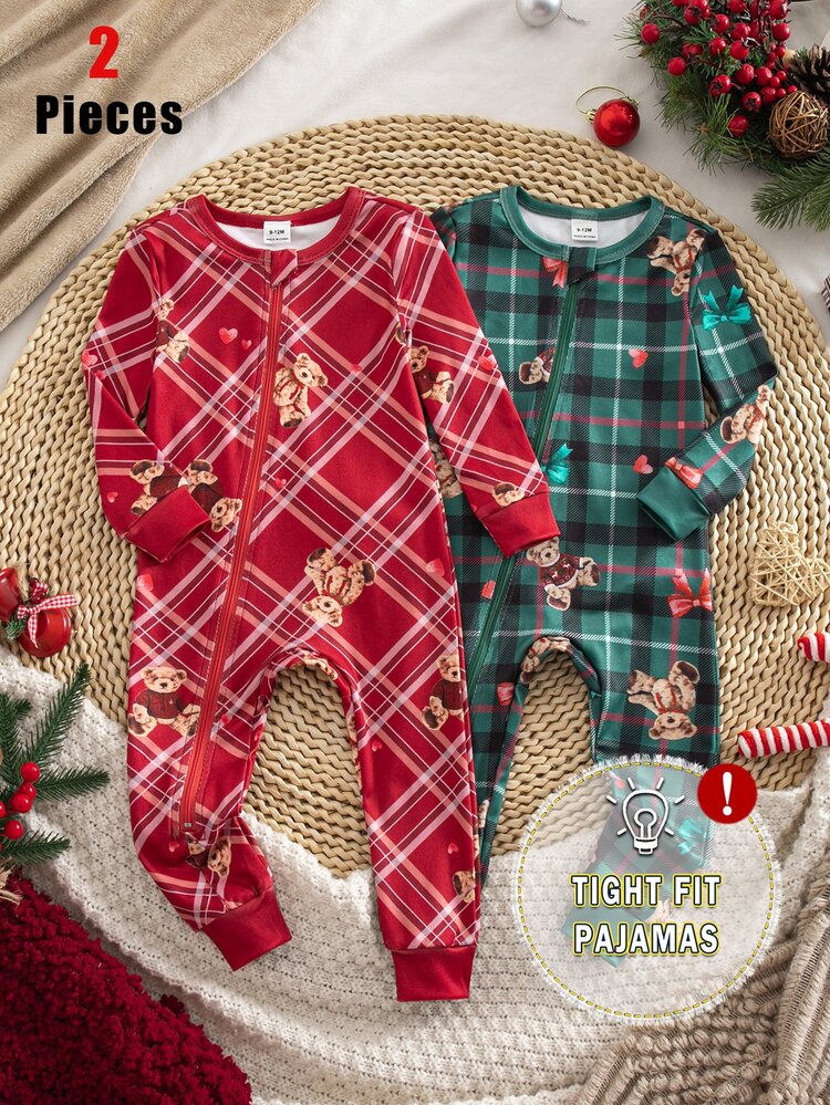 Autumn/Winter Thin Knit Crew Neck Red & Green Colorblock Cute Bear Vintage Plaid Digital Print Pattern Baby Boy Long Sleeve Bodysuit & Leggings 2 Pieces Set, Christmas Holiday Party Pajamas Loungewear - Multicolor - View 1