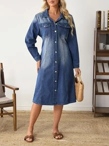 Selenza Plus Size Women's Long Sleeve Single-Breasted Casual Denim Dress - Blue - View 1