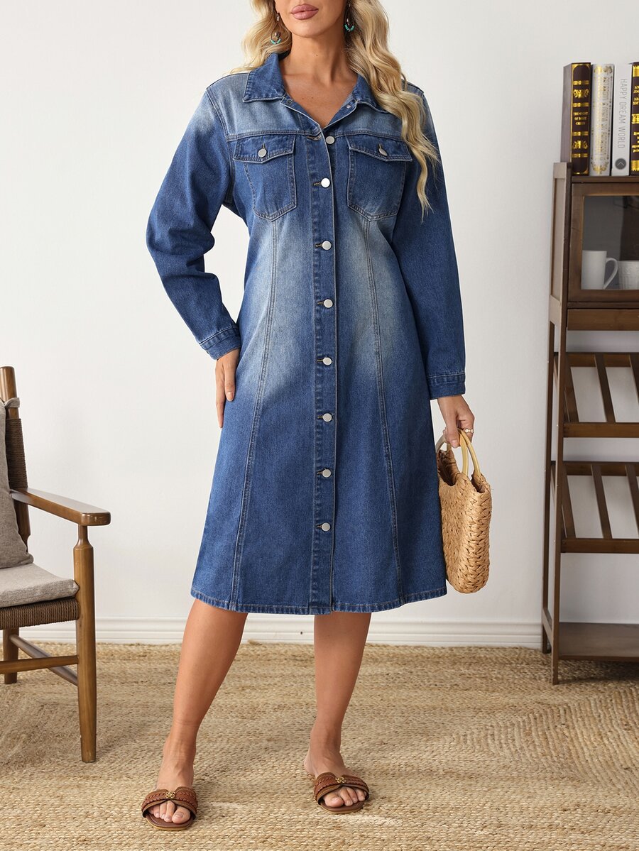 Selenza Plus Size Women's Long Sleeve Single-Breasted Casual Denim Dress - Blue - View 1