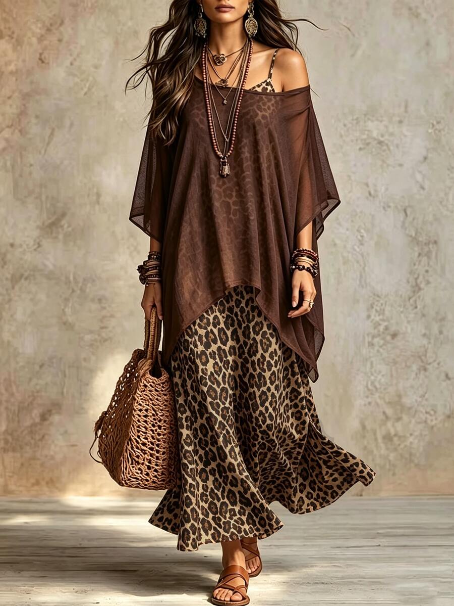 Linhara CURVE Plus Size Women Casual Set Cold Shoulder Asymmetrical Chiffon Cover-Up Vintage Leopard Print Spaghetti Strap Dress - Brown - View 1