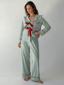 DAZY Women's Striped Bow Decor Long Sleeve Top And Pants Pajama Set - Green - View 4