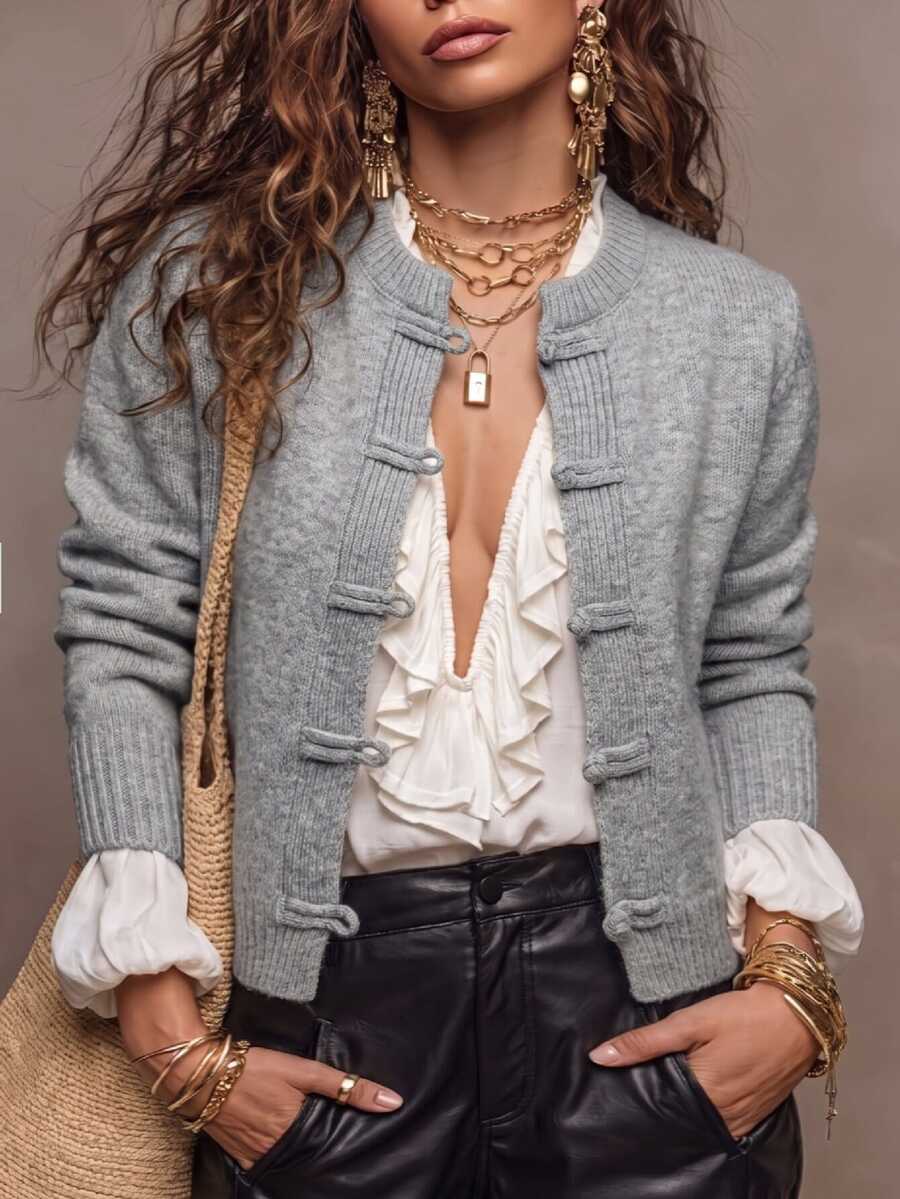 Linhara CURVE Plus Size Women's Autumn/Winter Elegant Frog Button Knit Cardigan, Loose Fit Flattering Design, Suitable For Outings, Casual, Daily Wear - Grey - View 1