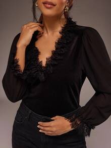 Freevana Velvet Wrap Deep V Lace Blouse With Ruffled Lace Cuffs And Sheer Sleeves, Romantic Evening Top - Black - View 2