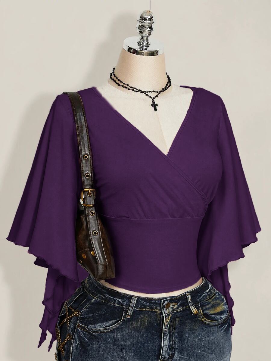 SHEIN ICON 女款夏季休閒純色收腰T恤 - 紫色 - 查看 1