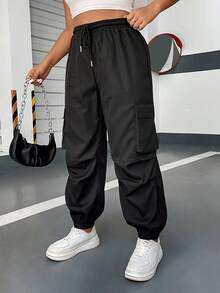 POPSWAY Plus Size Casual Solid Color Elastic Waist & Drawstring Cuffed Cargo Pants Fall Cloth For Women - Black - View 4