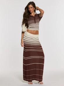 Opulessa Women's Striped Short Sleeve Top And Skirt Knit Two Pieces Set - Brown - View 4