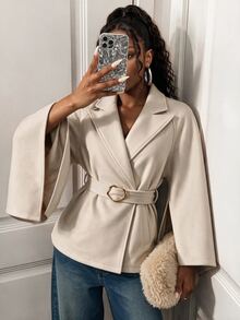 BamGleam Women's Flare Sleeve Overcoat With Metal Hardware Decoration And Belt Office Beige Fall French Elegant - Apricot - View 7