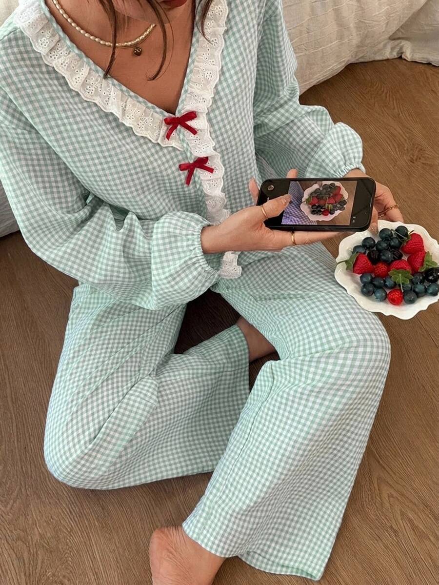 DAZY 2pcs/Set Lace Patchwork Plaid Long Sleeve Top & Straight Leg Long Pajama Pants Women's Sleepwear Set - Green - View 1