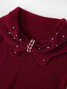Easowa Curve Plus Size Women's Faux Pearl Decor Casual Everyday Cardigan - Red - View 3