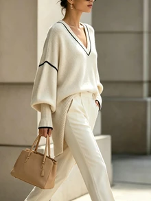 INAWLY Women's Knit Sweater, Slouchy, Color Block Deep V-Neck, Lantern Sleeve, Dropped Shoulder - Apricot - View 3
