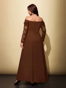 Viva Relle 大尺碼女款蕾絲拼接垂領荷葉領A字長版浪漫洋裝，適合舞會、約會、宴會、婚禮等場合 - 棕色 - 查看 6