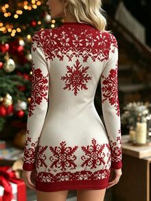 NostaNoir Women's Snowflake Pattern Round Neck Long Sleeve Slim Fit Casual Short Dress - Red and White - View 2