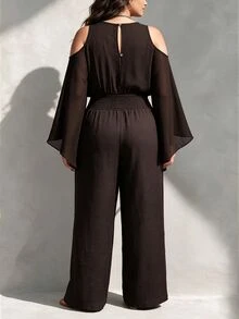 Linhara CURVE Women's Plus Size Autumn Cold Shoulder Chiffon Patchwork Top With Flutter Sleeves And Cable-Knit Elastic Waist Wide Leg Pants, Loose Drapey Mature Style Party & Commute Set - Coffee Brown - View 2