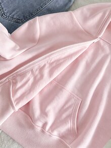 SHEIN Tween女孩寬鬆休閒基礎極簡舒適街頭風連帽修身前短款長袖冬季夾克 白色秋季 - 粉色 - 查看 5