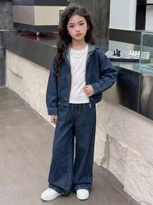 Dazy Kids Tween Girl Zip-Up Hoodie And Long Pants Casual Daily Denim Set - Dark Wash - View 5