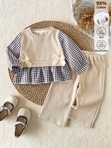 SHEIN 2Pcs Baby Girl Spring Fall Cotton Outfit, Casual Pit Stitch Plaid Spliced Puff Sleeve Knit Pullover + Solid Wide Leg Pants Beige Set - Apricot - View 2