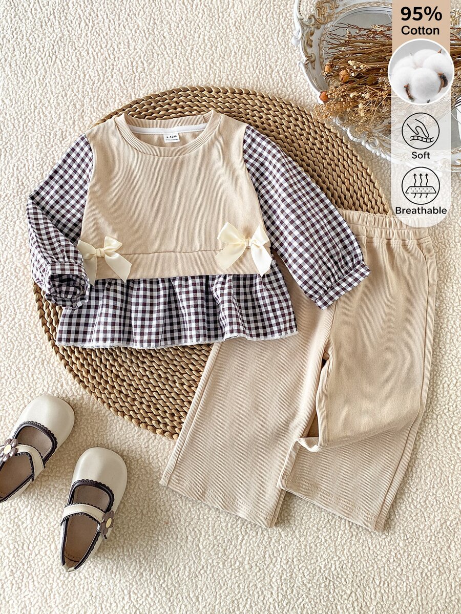 SHEIN 2Pcs Baby Girl Spring Fall Cotton Outfit, Casual Pit Stitch Plaid Spliced Puff Sleeve Knit Pullover + Solid Wide Leg Pants Beige Set